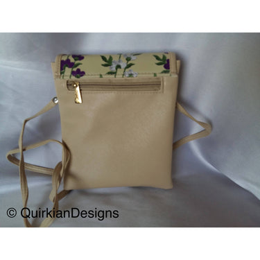 Beige Fake Leather Bag With Purple, Green And White Floral Embroidery Design, Day Clutch, Shopping Crossbody Sling Purse, Faux Leather Bag